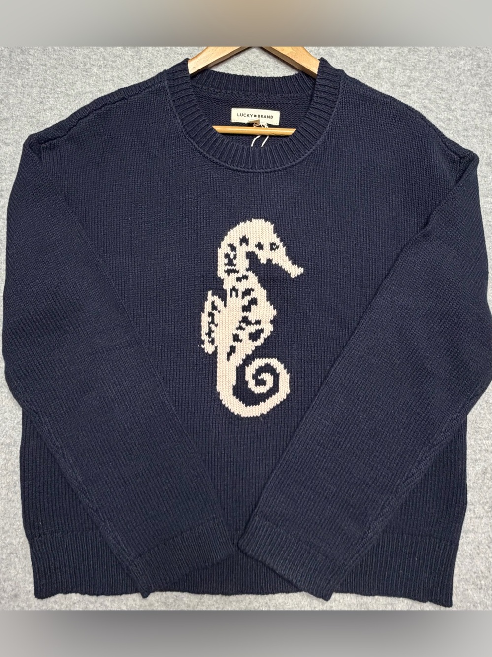 NWT Lucky Brand Women’s M Navy Seahorse Intarsia Knit Cotton Sweater